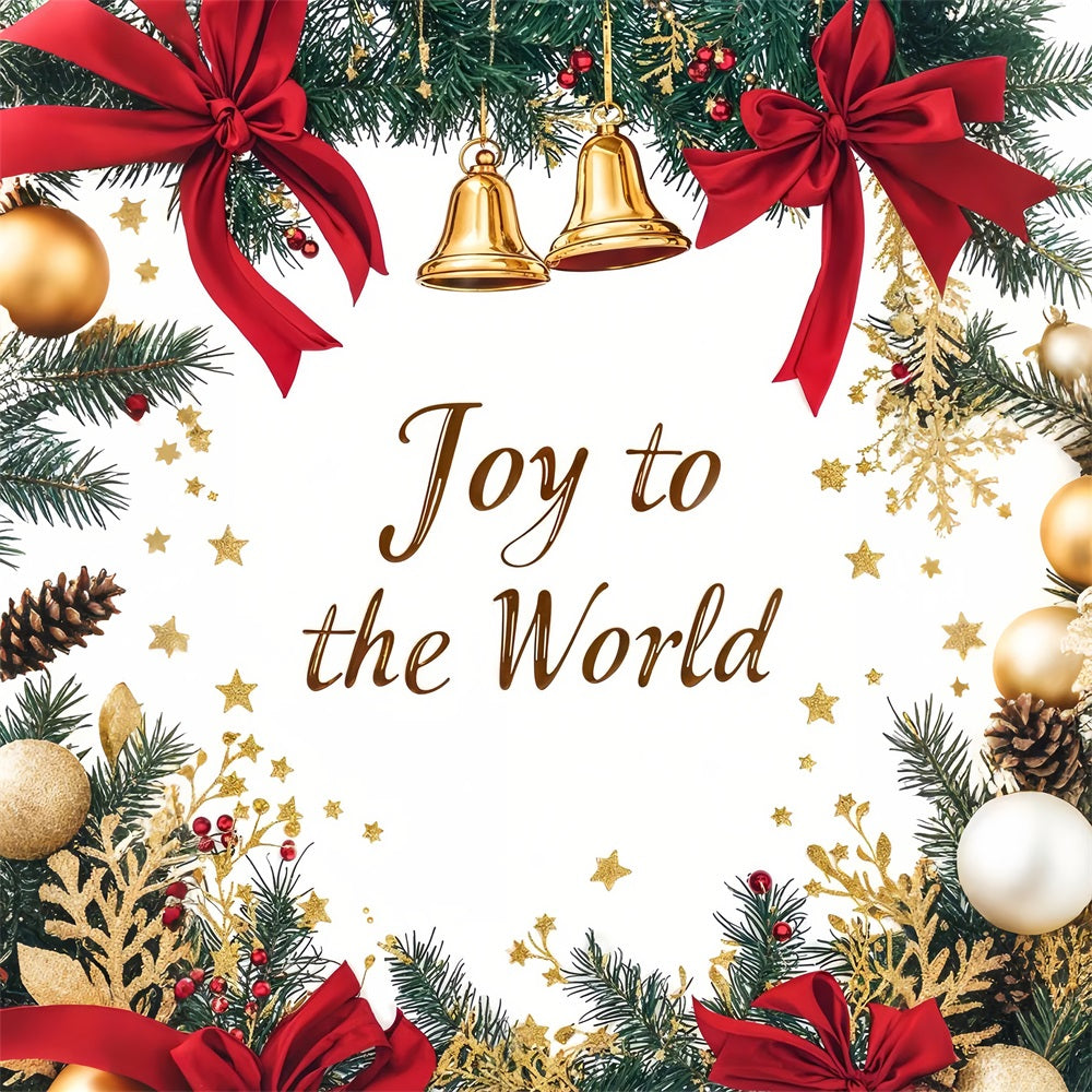 Joy to the World Backdrop Christmas Bells Red Ribbons Backdrop CJJ2-24