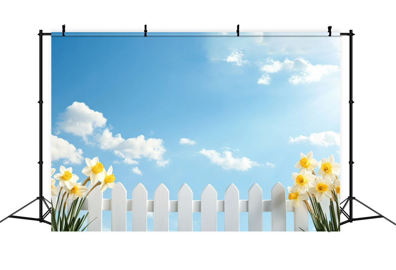 Daffodil Backdrop Blue Sky White Fence Flower Backdrop CJJ2-9