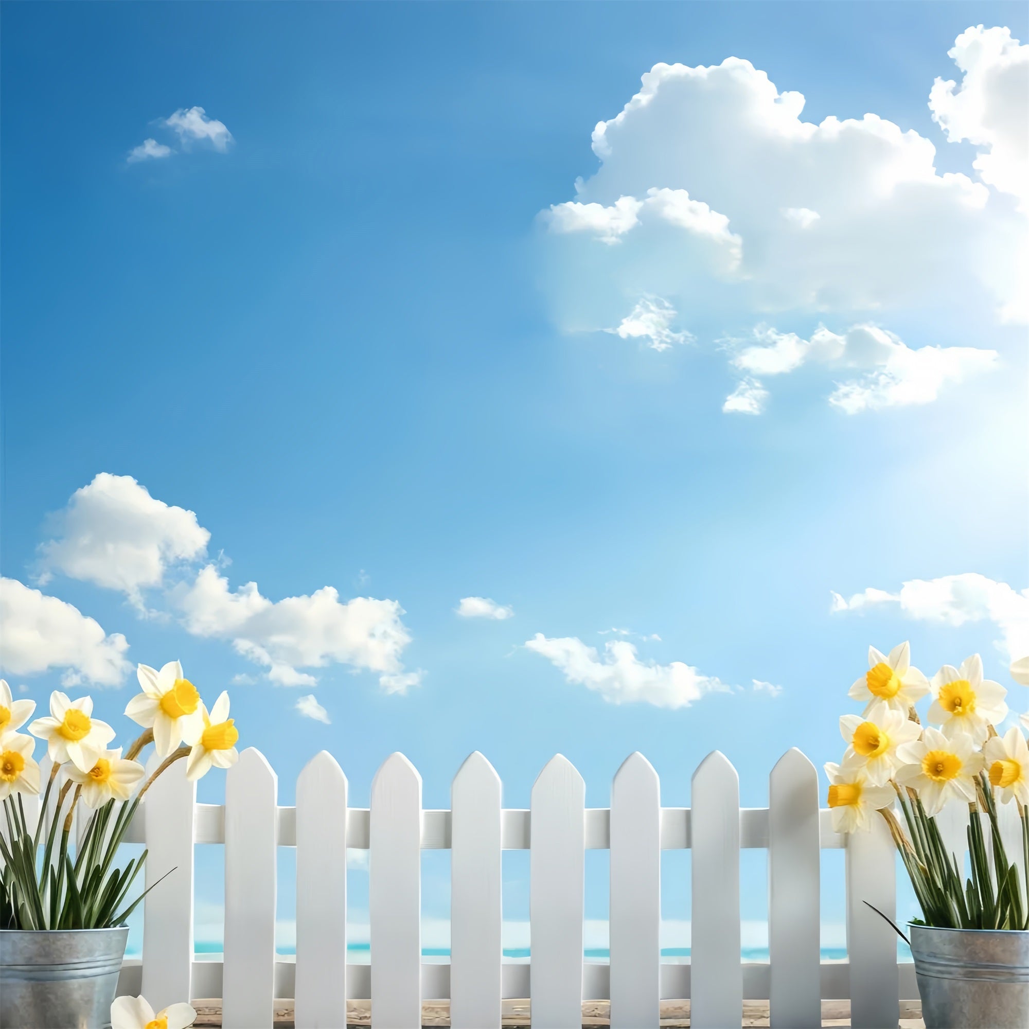 Daffodil Backdrop Blue Sky White Fence Flower Backdrop CJJ2-9