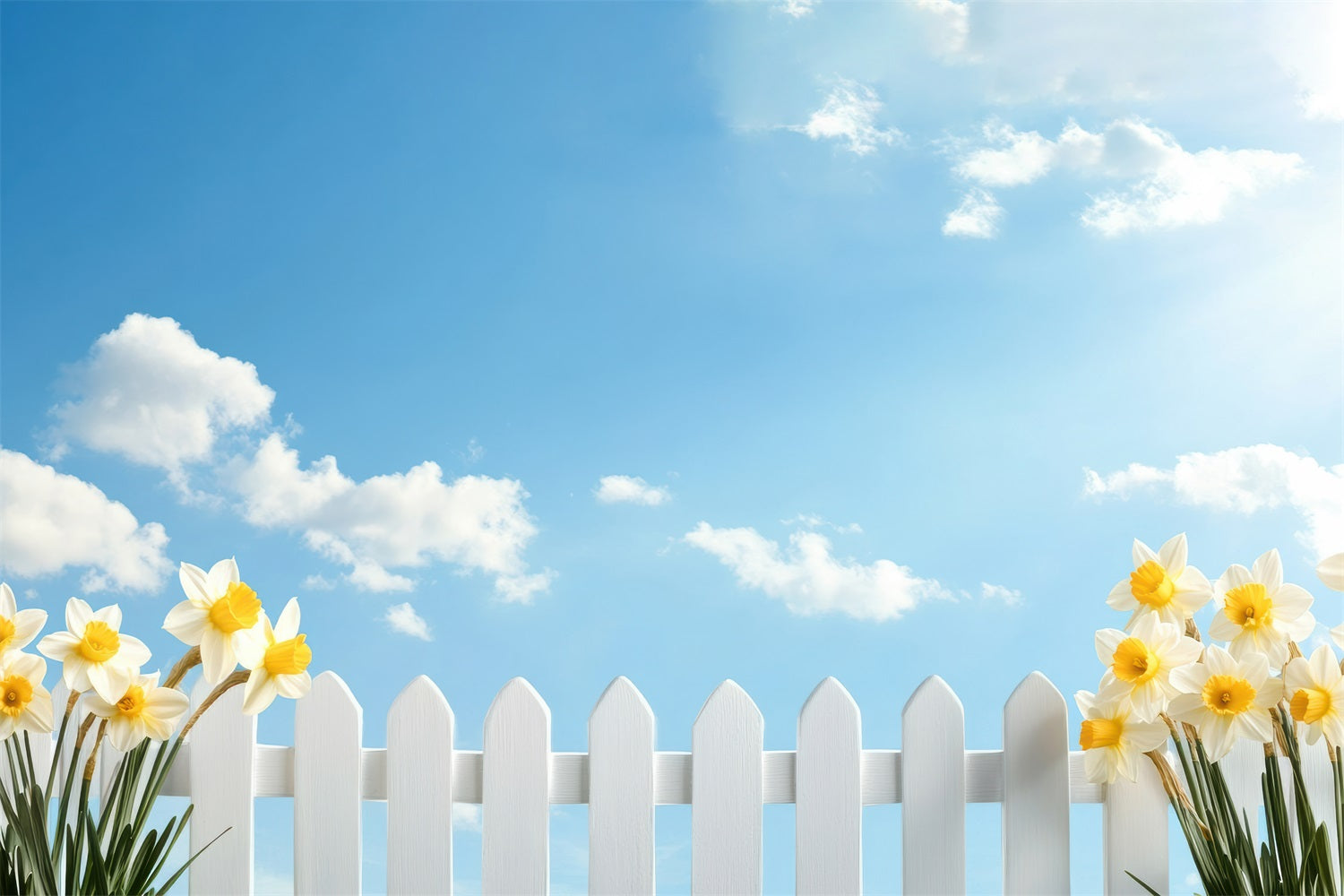 Daffodil Backdrop Blue Sky White Fence Flower Backdrop CJJ2-9