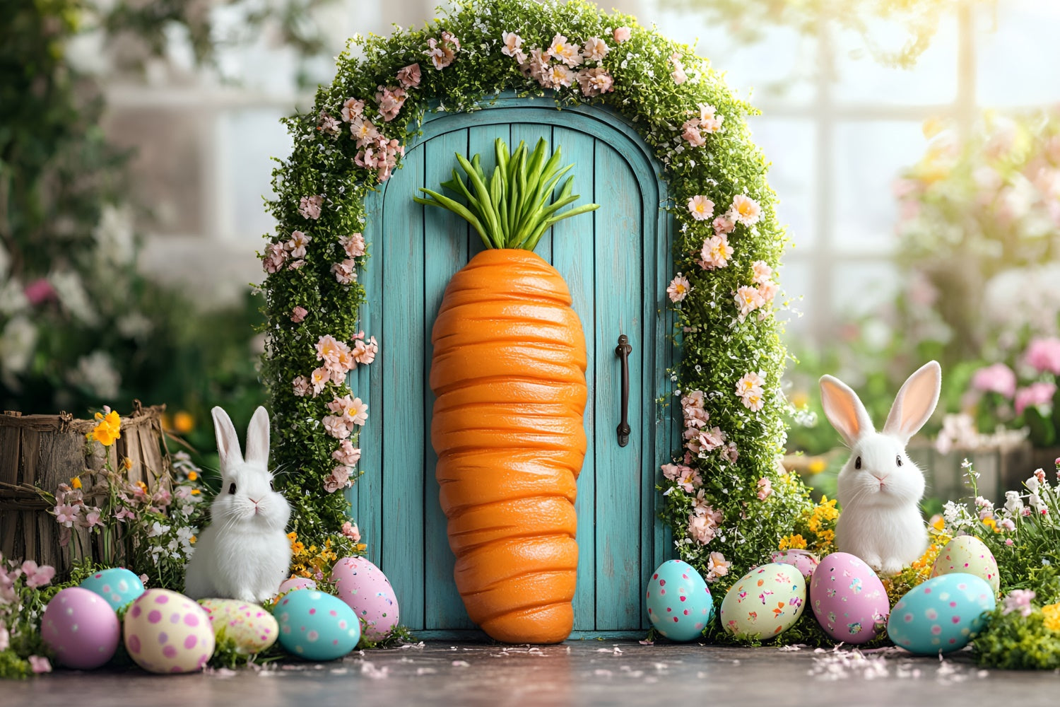 Easter Backdrops For Photography Carrot Doorway Floral Bunny Backdrop CSH2-1