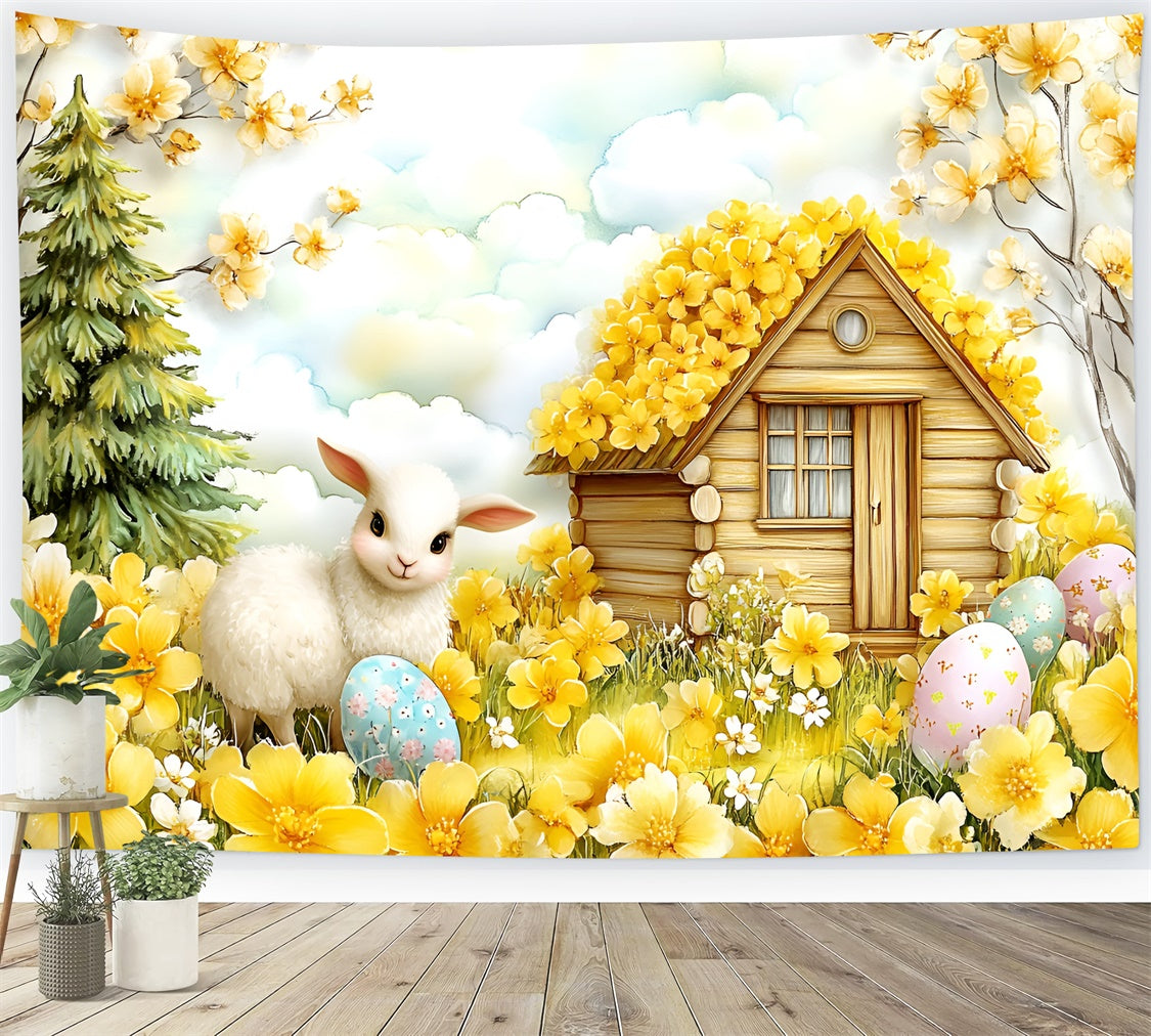 Easter Backdrop Happy Lamb Yellow Blossom Garden Backdrop CSH2-11