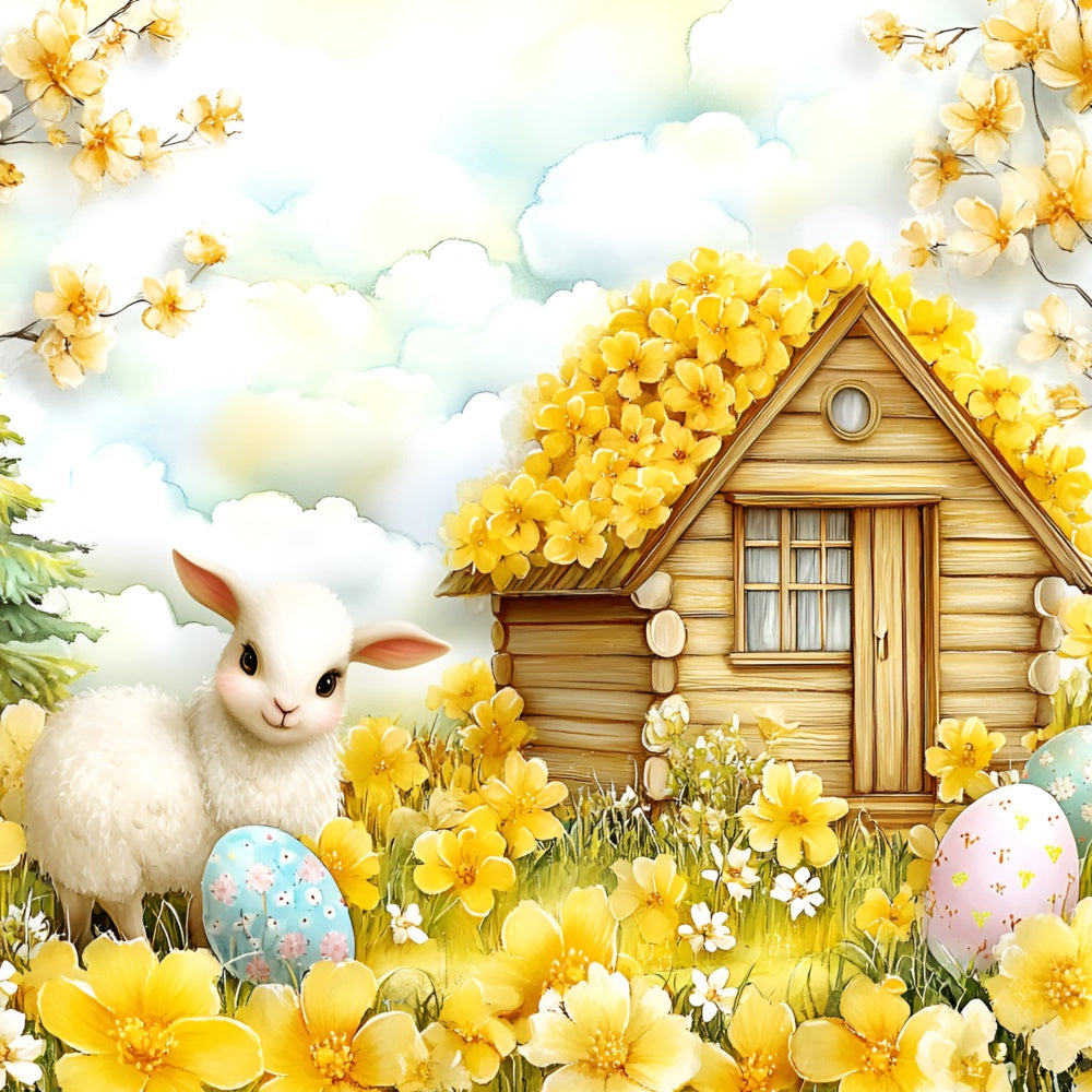 Easter Backdrop Happy Lamb Yellow Blossom Garden Backdrop CSH2-11