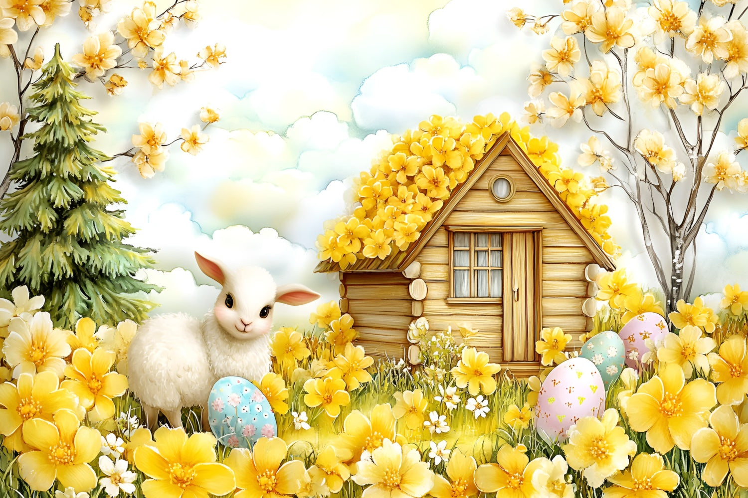 Easter Backdrop Happy Lamb Yellow Blossom Garden Backdrop CSH2-11