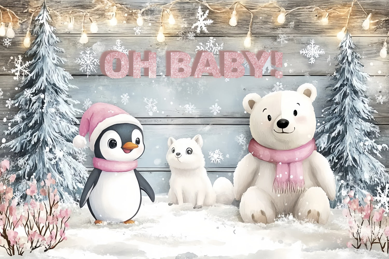 Winter Wonderland Backdrop For Baby Shower Penguins Bears Backdrop CSH2-122