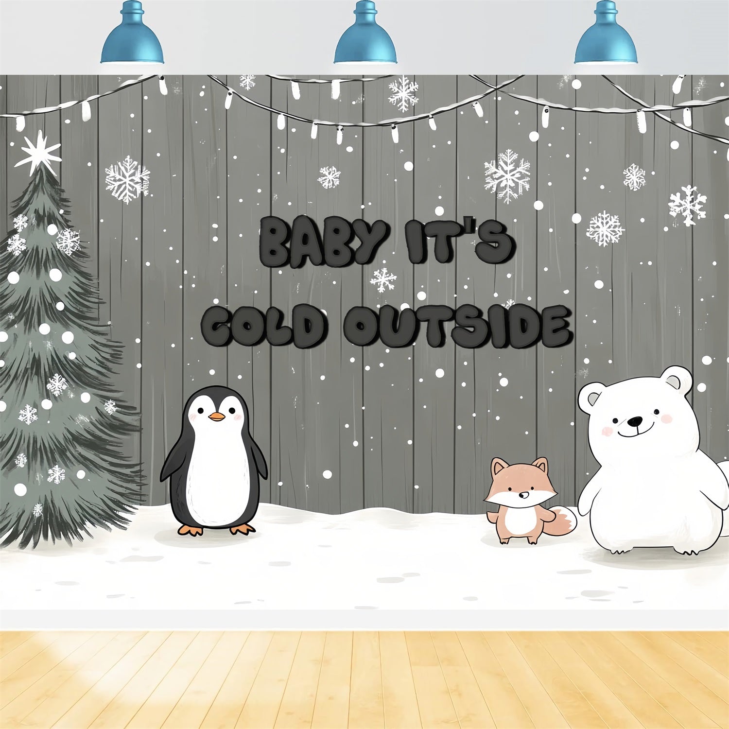 Rustic Baby Shower Backdrop Snowflakes Polar Animals Backdrop CSH2-124