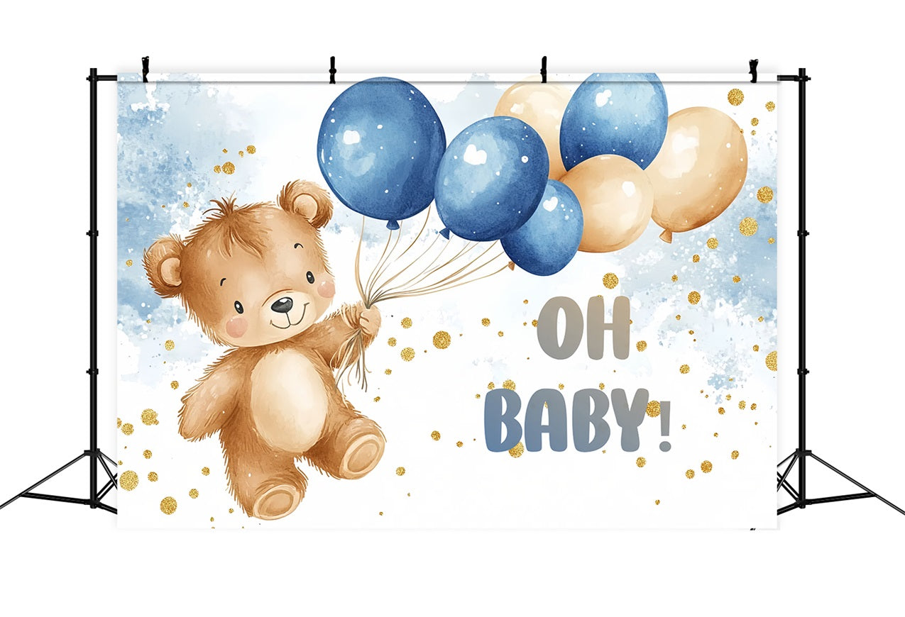 Baby Shower Balloon Backdrop Bear Blue Gold Backdrop CSH2-126