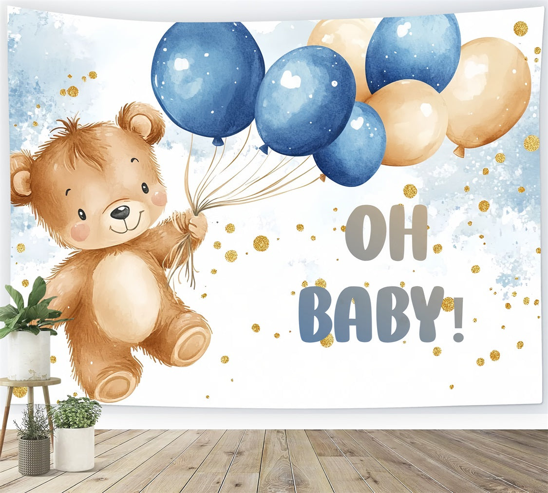 Baby Shower Balloon Backdrop Bear Blue Gold Backdrop CSH2-126