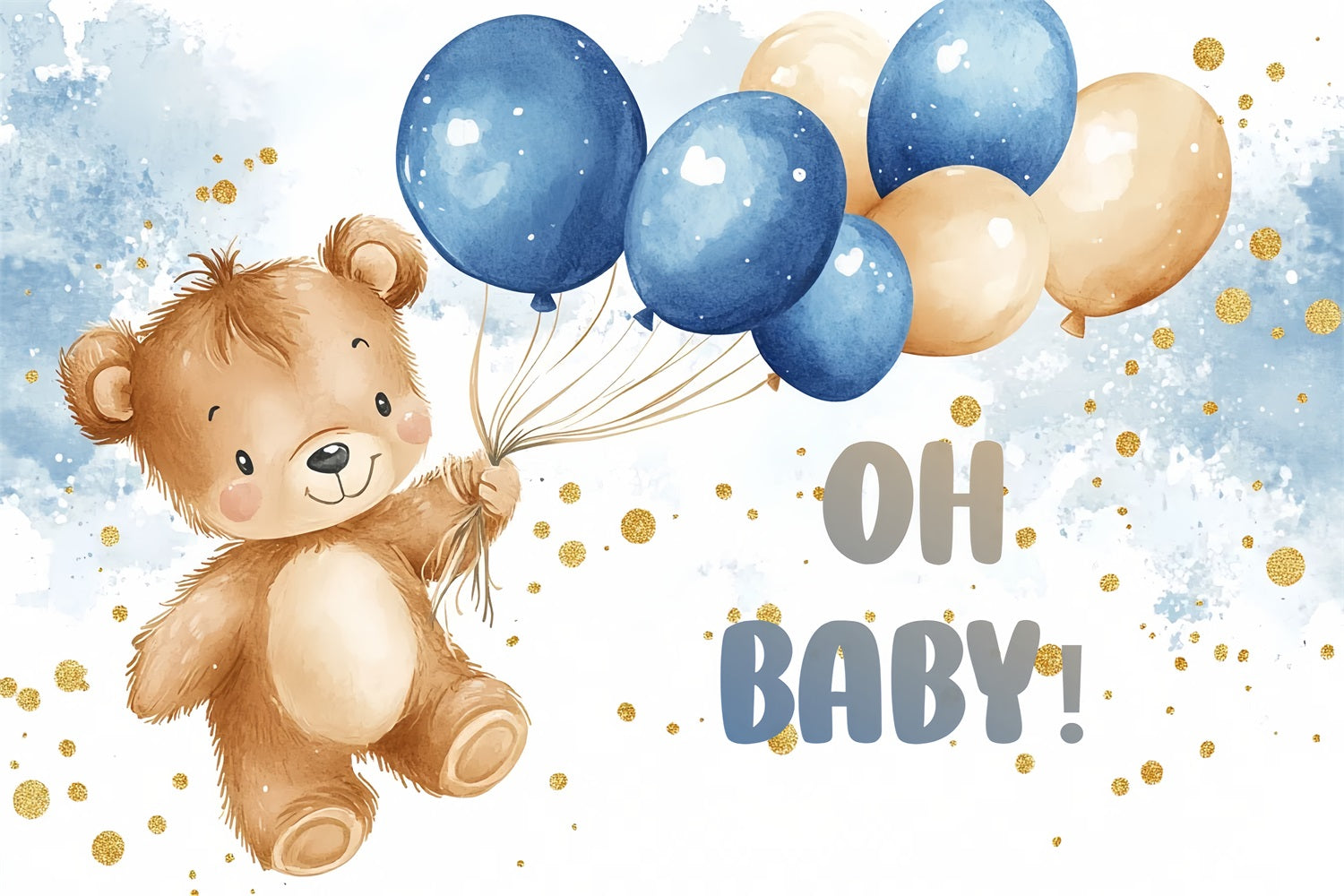 Baby Shower Balloon Backdrop Bear Blue Gold Backdrop CSH2-126