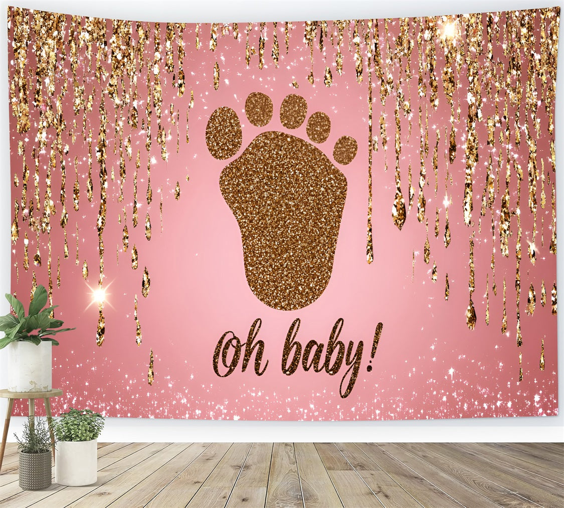 Pink Backdrop For Baby Shower Glittering Footprints Backdrop CSH2-130