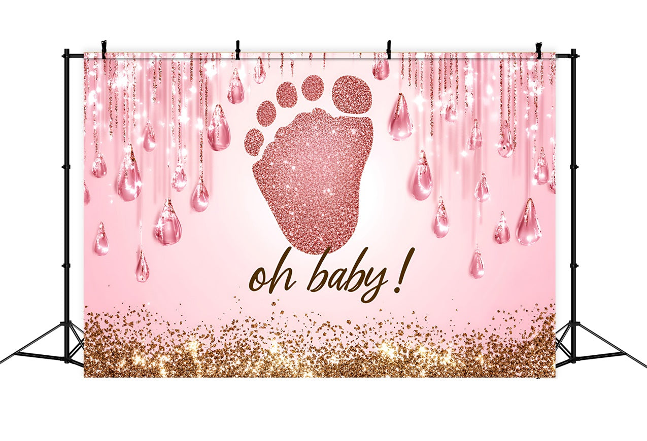 Pink Baby Shower Backdrop Glitter Footprints Drips Backdrop CSH2-131