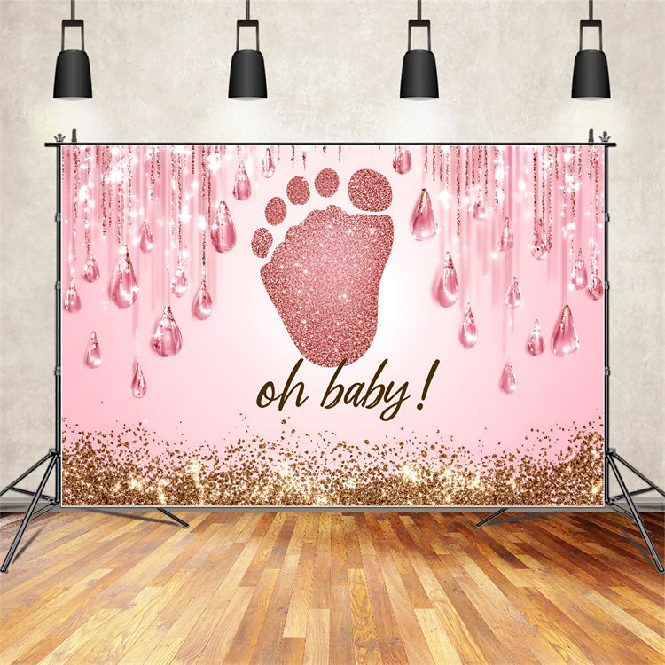 Pink Baby Shower Backdrop Glitter Footprints Drips Backdrop CSH2-131