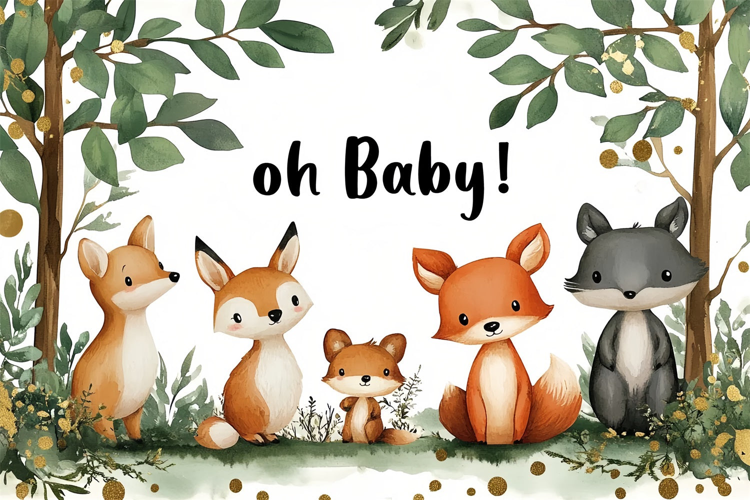 Safari Backdrop For Baby Shower Woodland Animals Leaves Backdrop CSH2-133