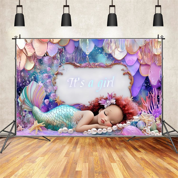 Baby Shower Backdrop Girl Mermaid Announcement Backdrop CSH2-143