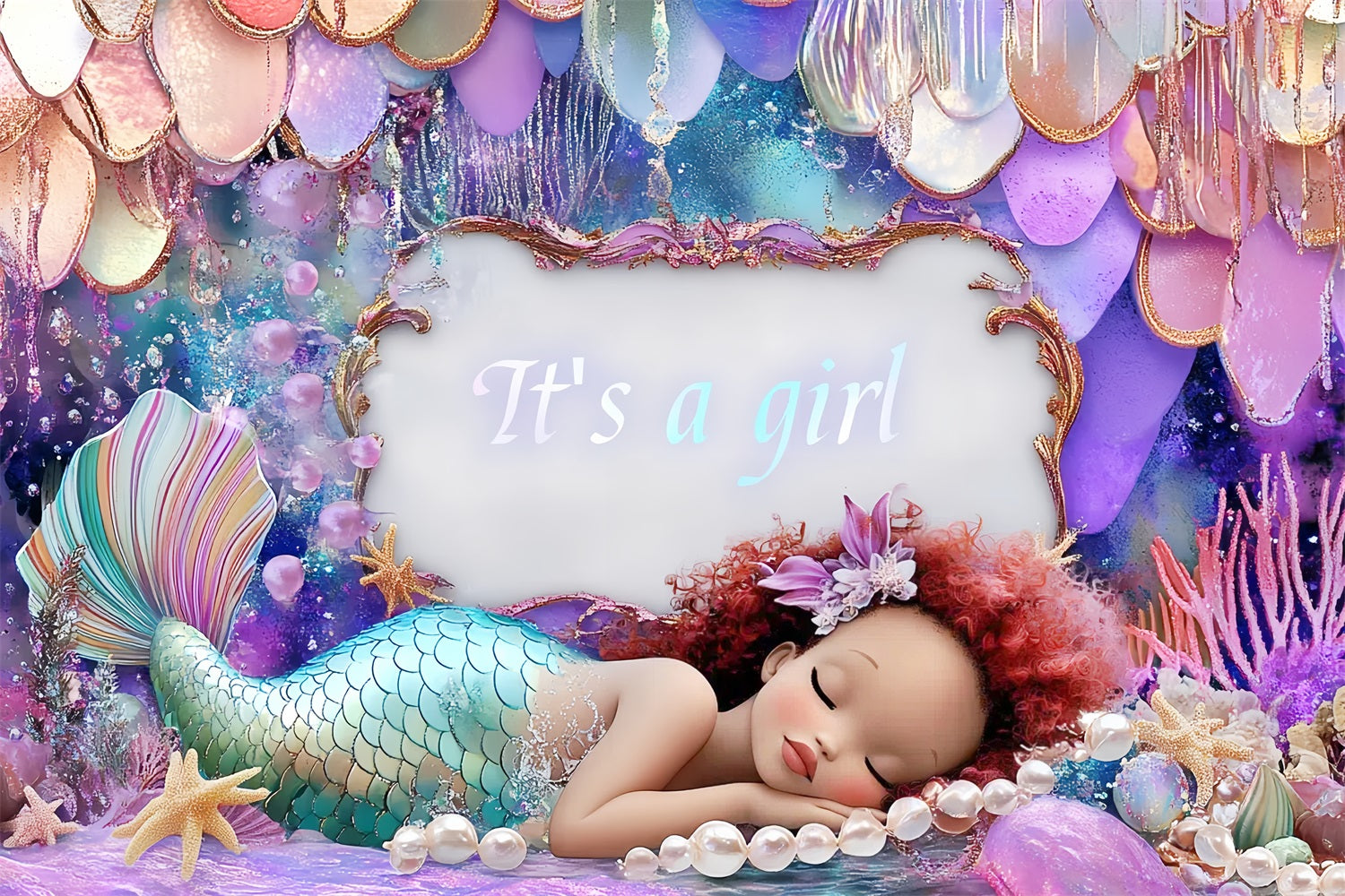 Baby Shower Backdrop Girl Mermaid Announcement Backdrop CSH2-143