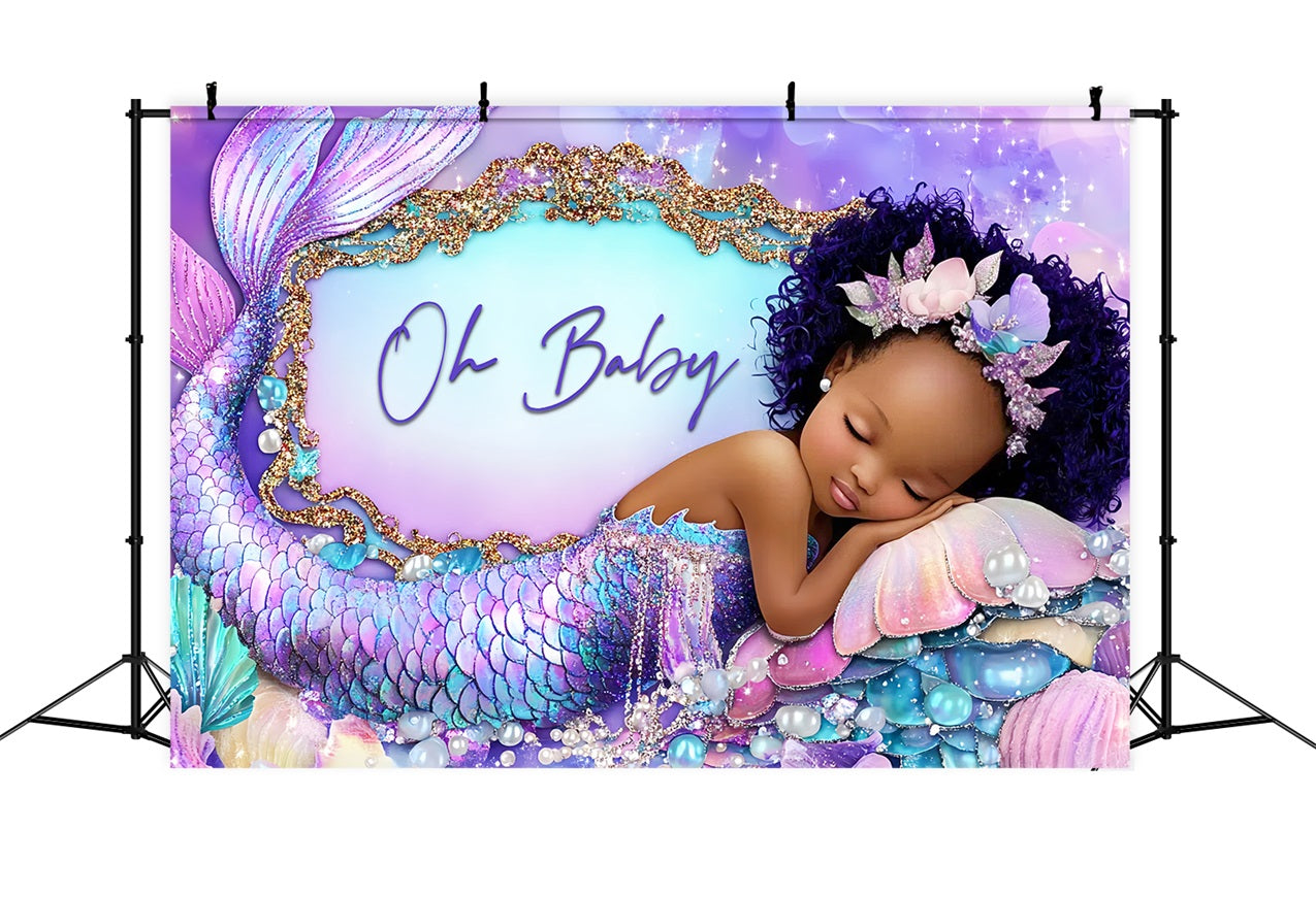 Backdrop For Baby Girl Shower Purple Mermaid Seashell Backdrop CSH2-145