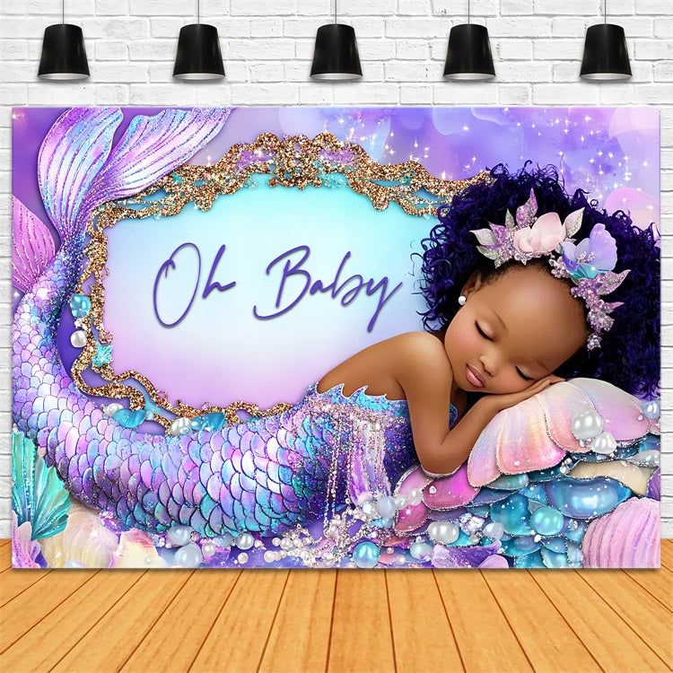 Backdrop For Baby Girl Shower Purple Mermaid Seashell Backdrop CSH2-145