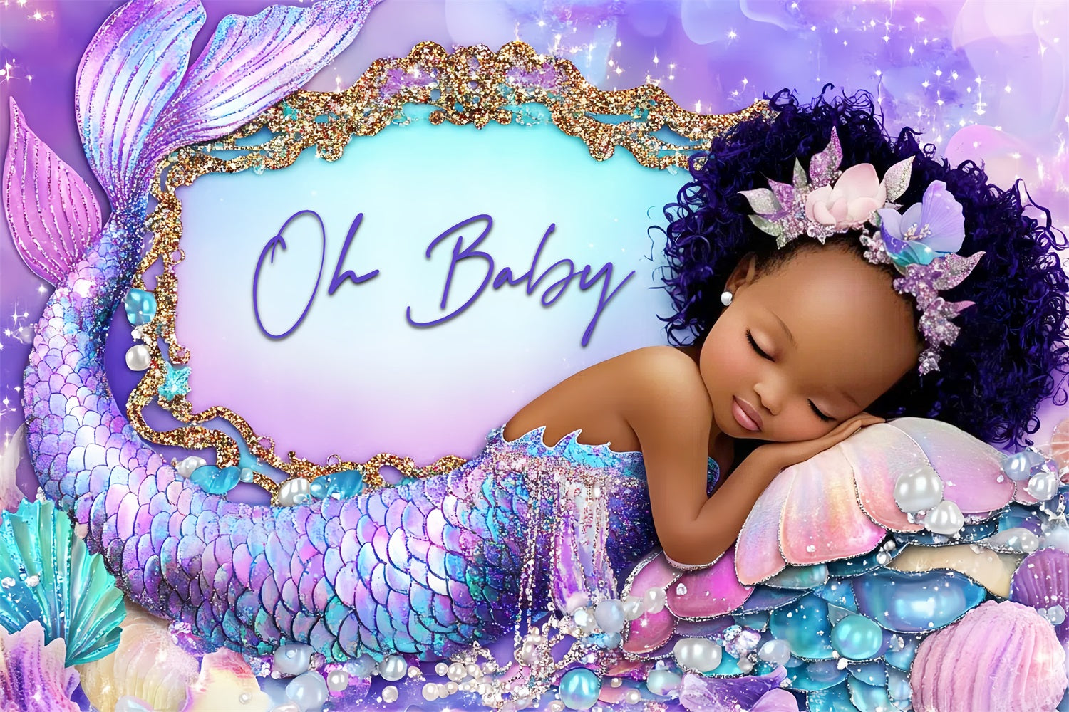 Backdrop For Baby Girl Shower Purple Mermaid Seashell Backdrop CSH2-145