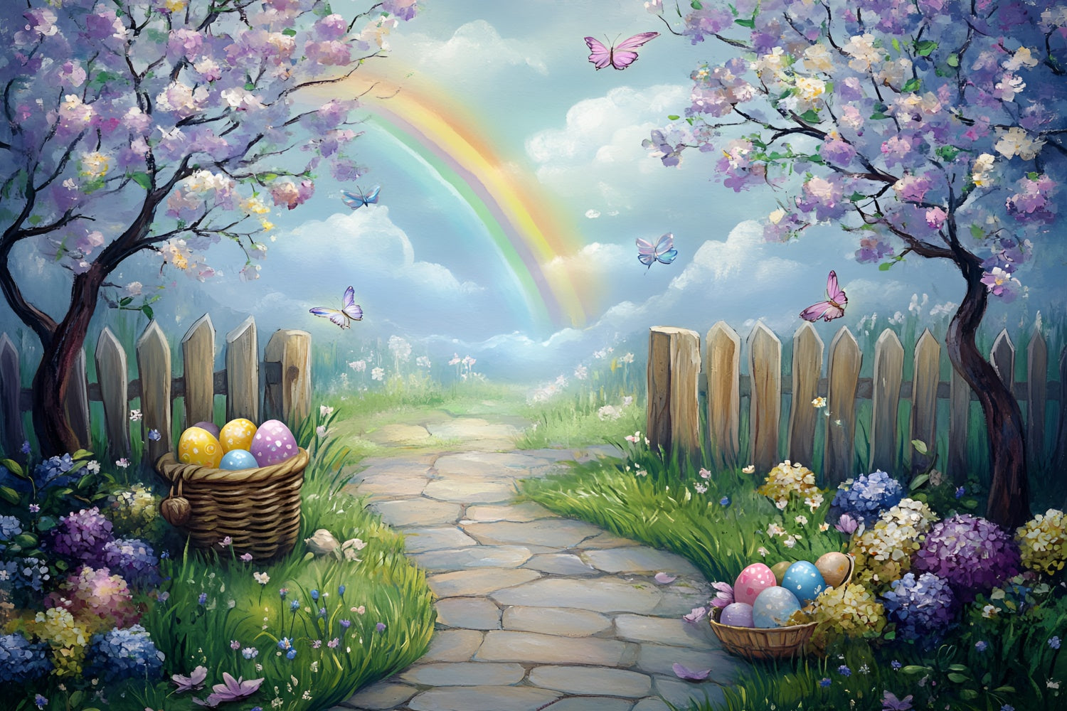 Easter Backdrops For Photography Pastel Egg Butterfly Garden Backdrop CSH2-16