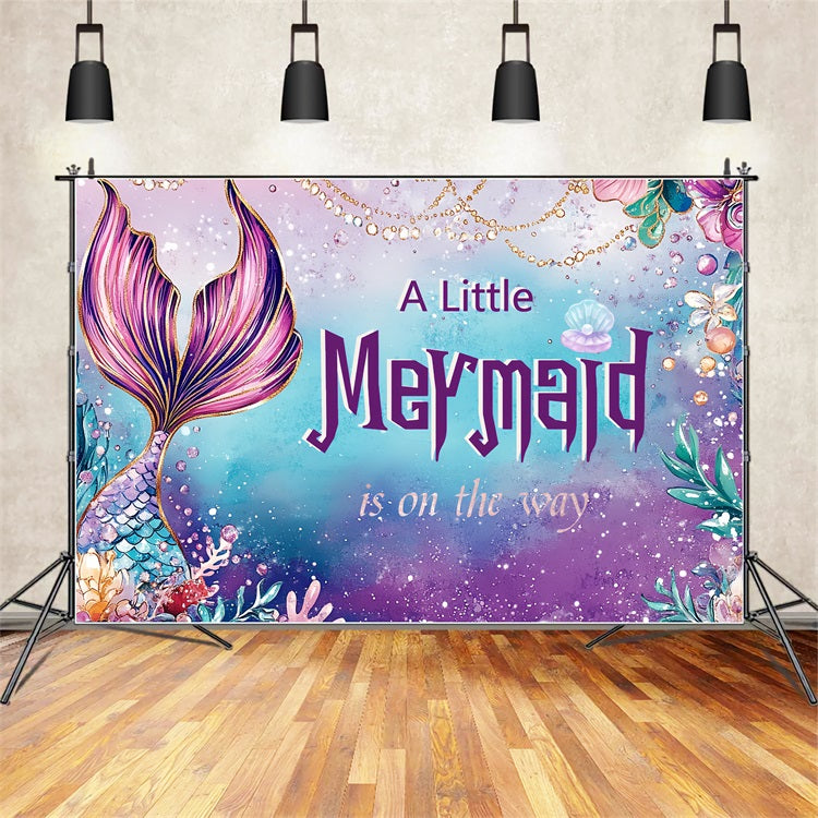 Purple Baby Shower Backdrop Glittery Mermaid Tail Seashells Backdrop CSH2-167