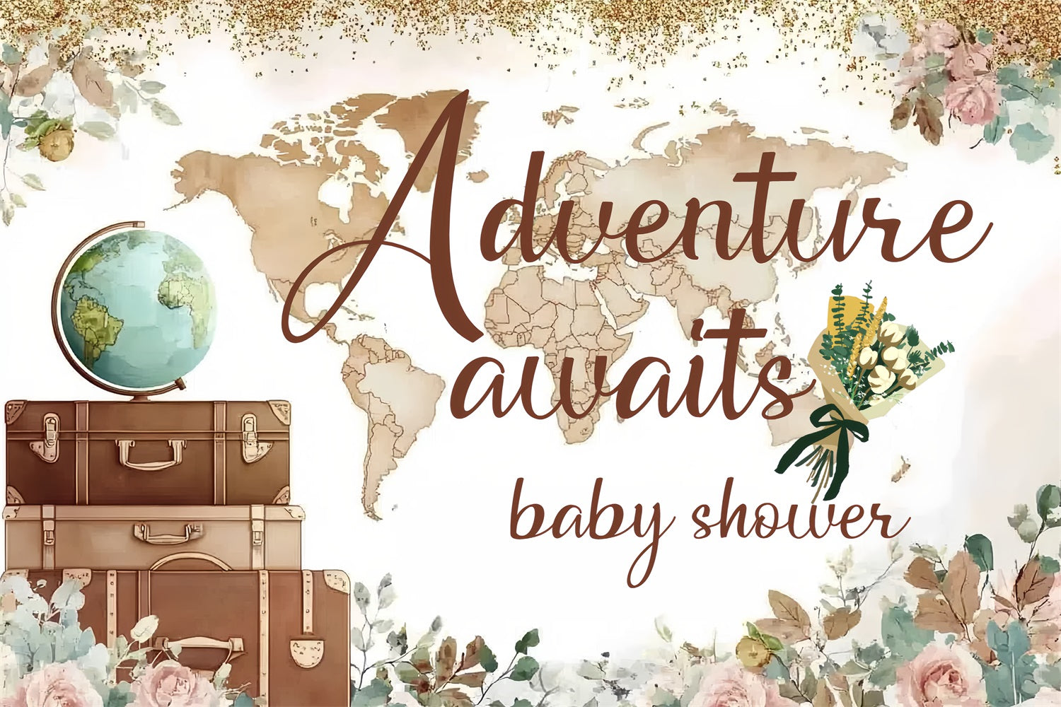 Photo Backdrops Baby Shower Adventure Map Floral Backdrop CSH2-169