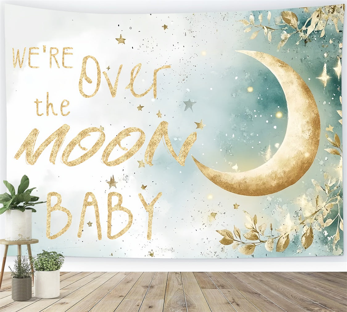 Moon And Stars Baby Shower Backdrop Shimmery Foliage Backdrop CSH2-170