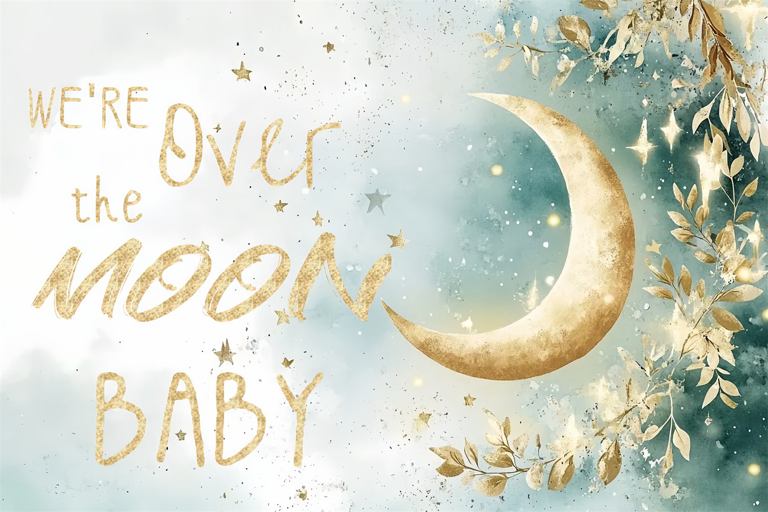 Moon And Stars Baby Shower Backdrop Shimmery Foliage Backdrop CSH2-170