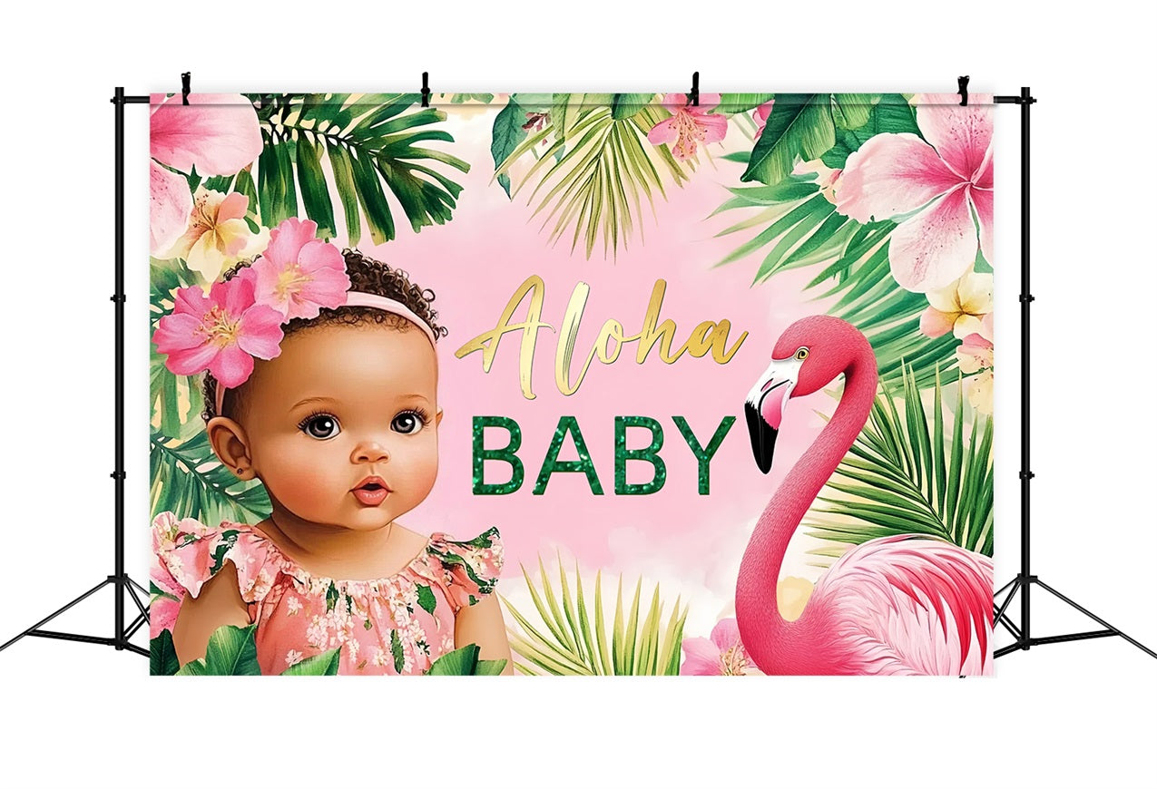 Baby Shower Backdrop Tropical Pink Flamingo Flower Backdrop CSH2-179