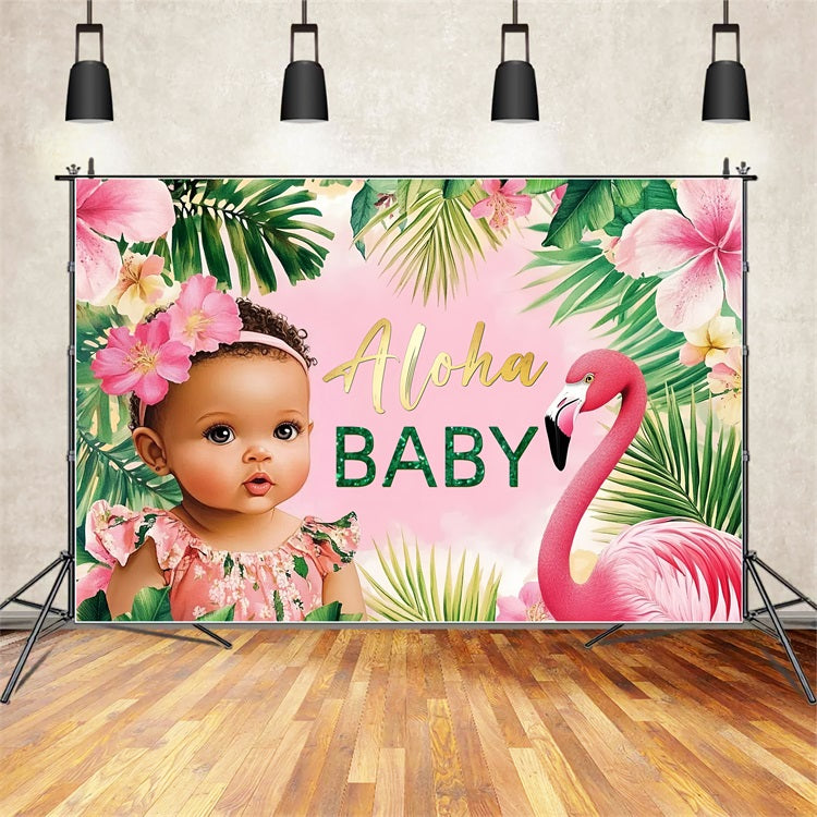 Baby Shower Backdrop Tropical Pink Flamingo Flower Backdrop CSH2-179