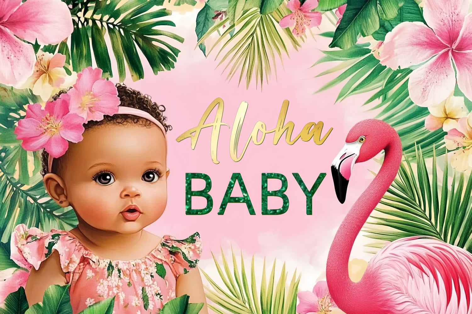 Baby Shower Backdrop Tropical Pink Flamingo Flower Backdrop CSH2-179