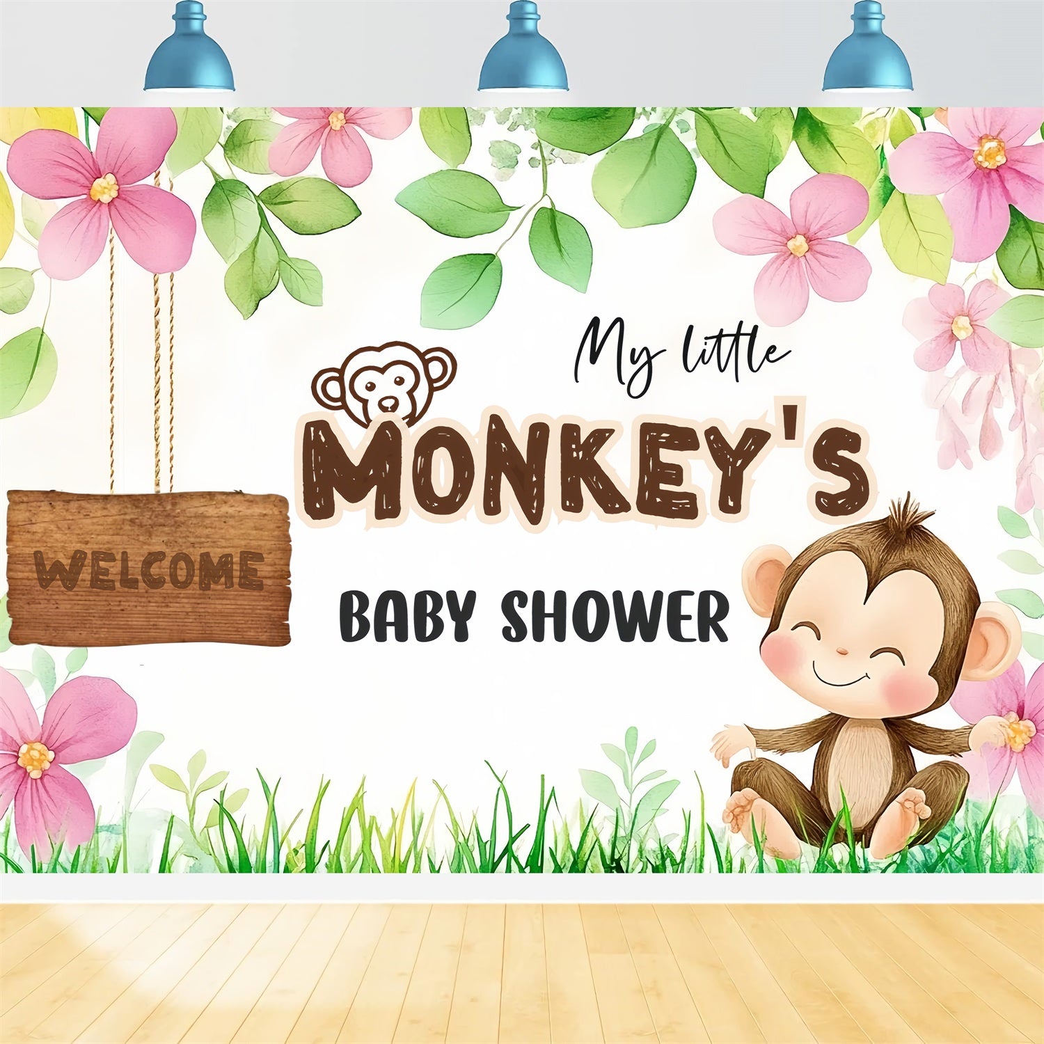 Baby Shower Backdrops Adorable Monkey Baby Welcome Backdrop CSH2-204