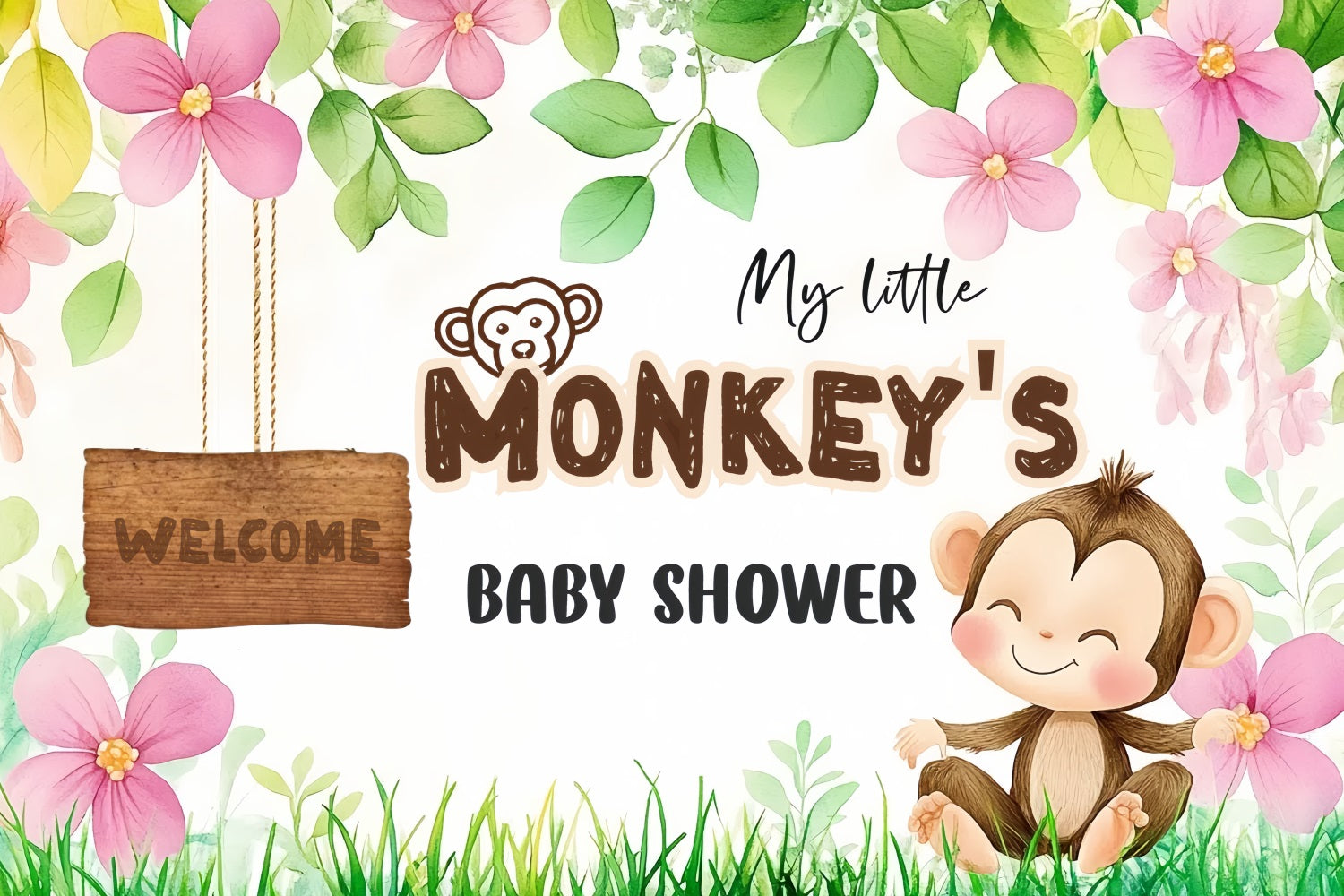 Baby Shower Backdrops Adorable Monkey Baby Welcome Backdrop CSH2-204