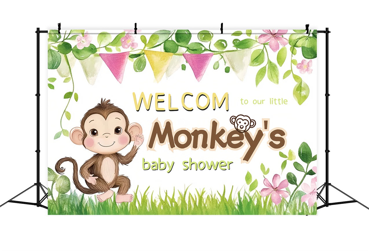 Baby Shower Backdrop Ideas Playful Monkey Flower Welcome Backdrop CSH2-205