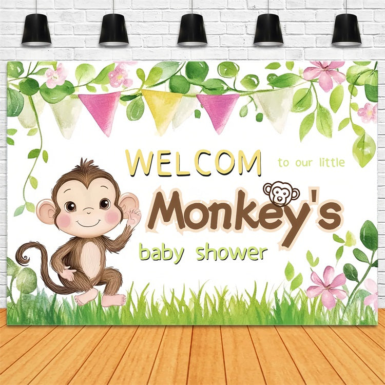 Baby Shower Backdrop Ideas Playful Monkey Flower Welcome Backdrop CSH2-205