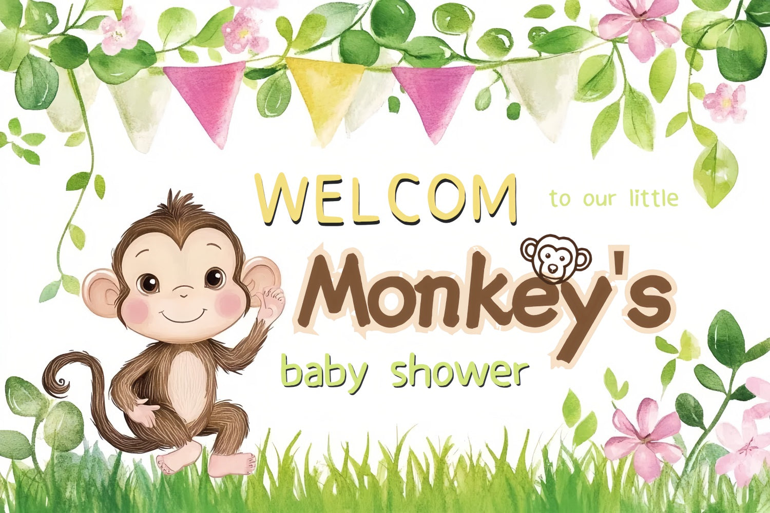 Baby Shower Backdrop Ideas Playful Monkey Flower Welcome Backdrop CSH2-205