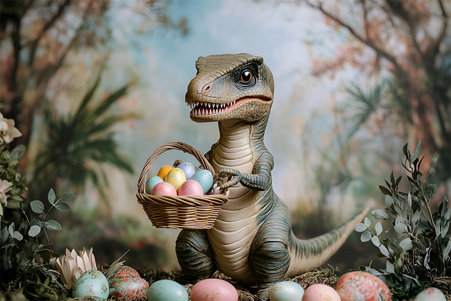 Easter Backdrop Photography Dino Colorful Egg Basket Backdrop CSH2-29