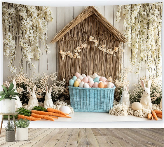 Easter Backdrop White Bunny Garden Colorful Eggs Backdrop CSH2-3