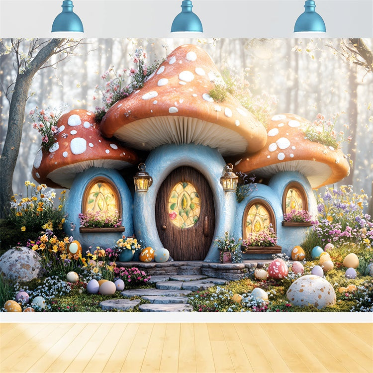 Backdrop Easter Cozy Mushroom House Egg Garden Backdrop CSH2-37