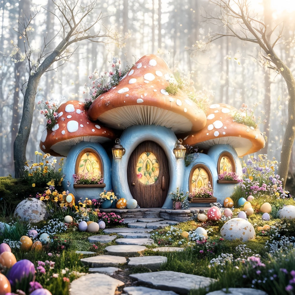 Backdrop Easter Cozy Mushroom House Egg Garden Backdrop CSH2-37