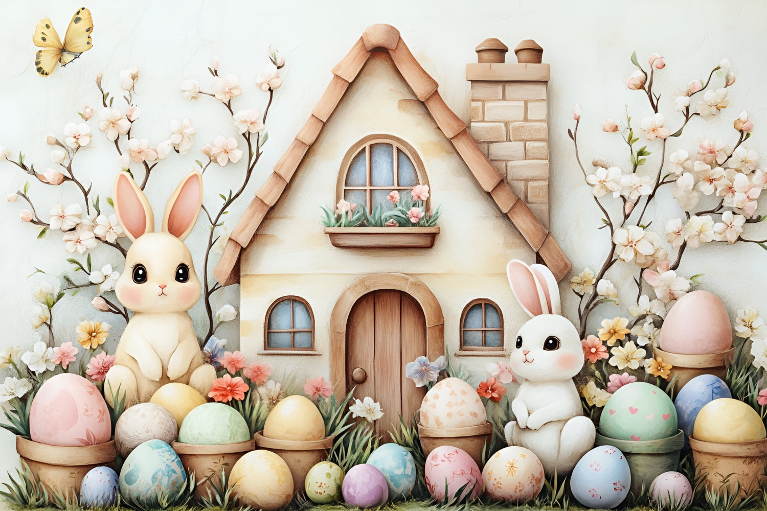 Easter Picture Backdrops Floral Eggs Bunny House Backdrop CSH2-5