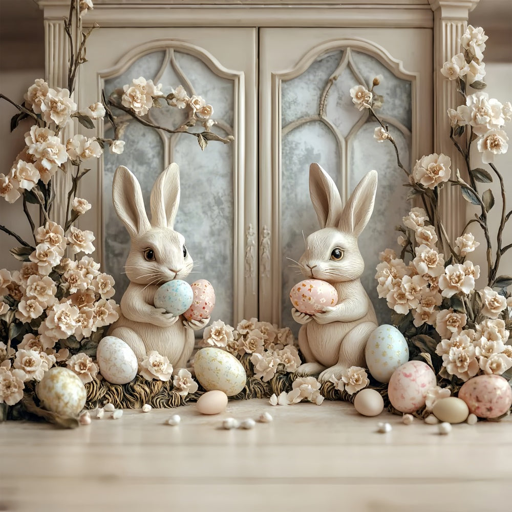 Easter Photography Backdrops Soft Beige Floral Bunny Backdrop CSH2-58