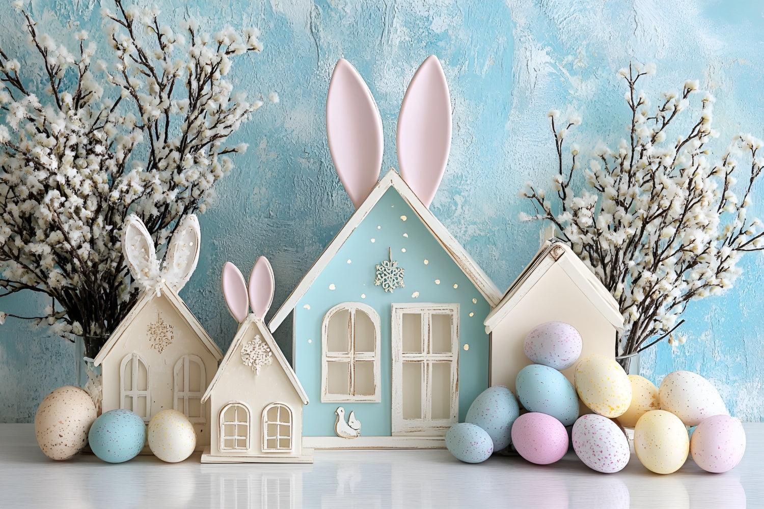 Easter Backdrop Photography Dreamy Bunny Cottage Blue Backdrop CSH2-62