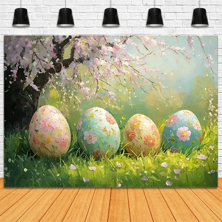 Easter Photo Backdrop Painted Eggs Spring Flowers Backdrop CSH2-8