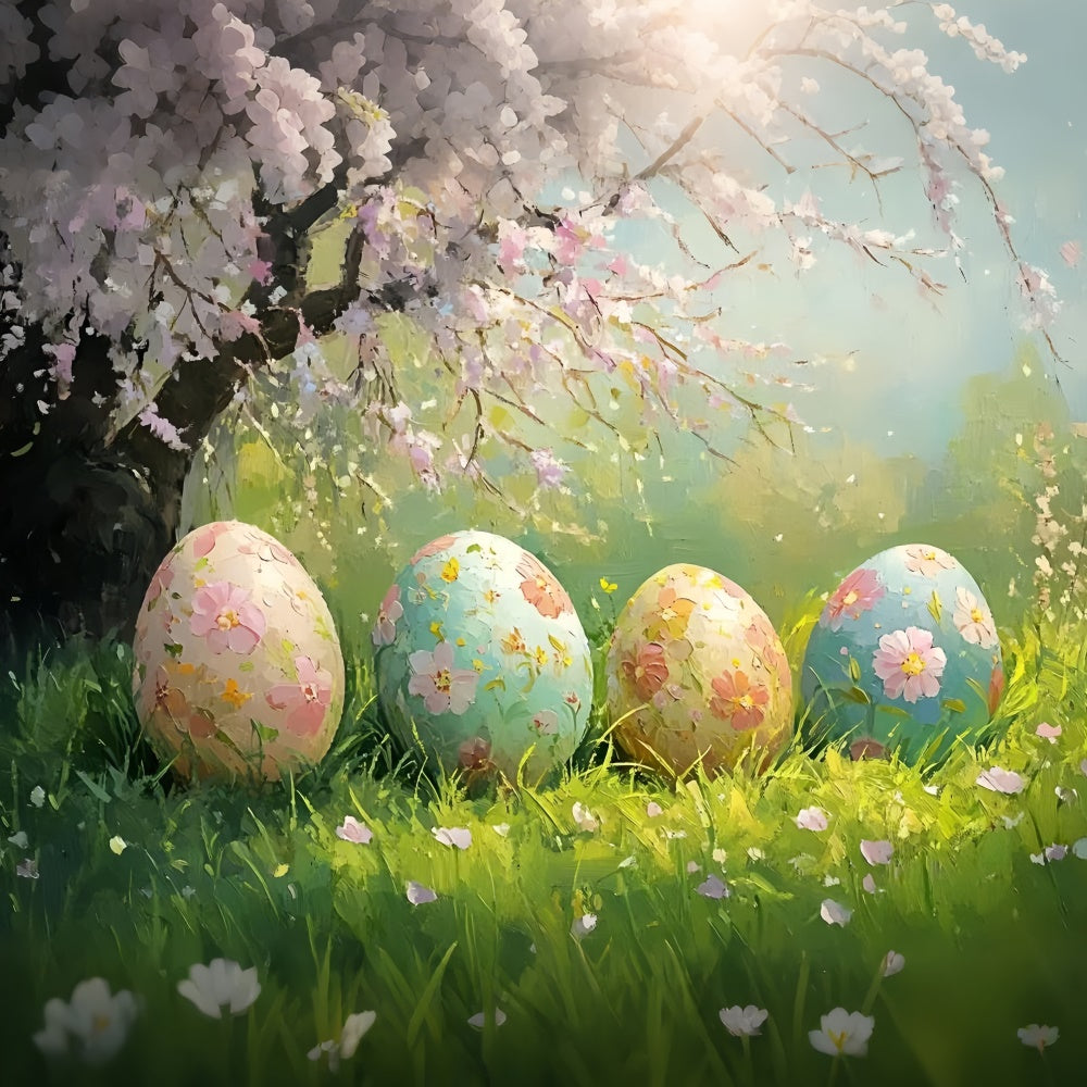 Easter Photo Backdrop Painted Eggs Spring Flowers Backdrop CSH2-8