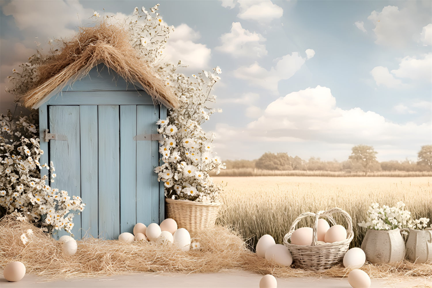 Easter Photography Backdrops Country Wheat Field Egg Backdrop CSH2-83