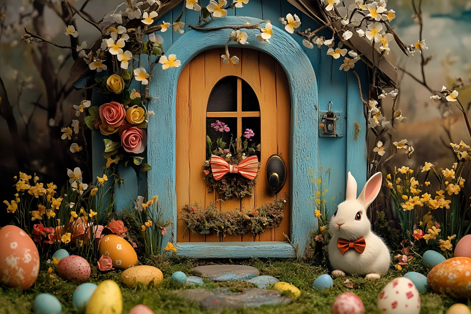 Easter Picture Backdrops Floral Arch Bunny Cottage Backdrop CSH2-85