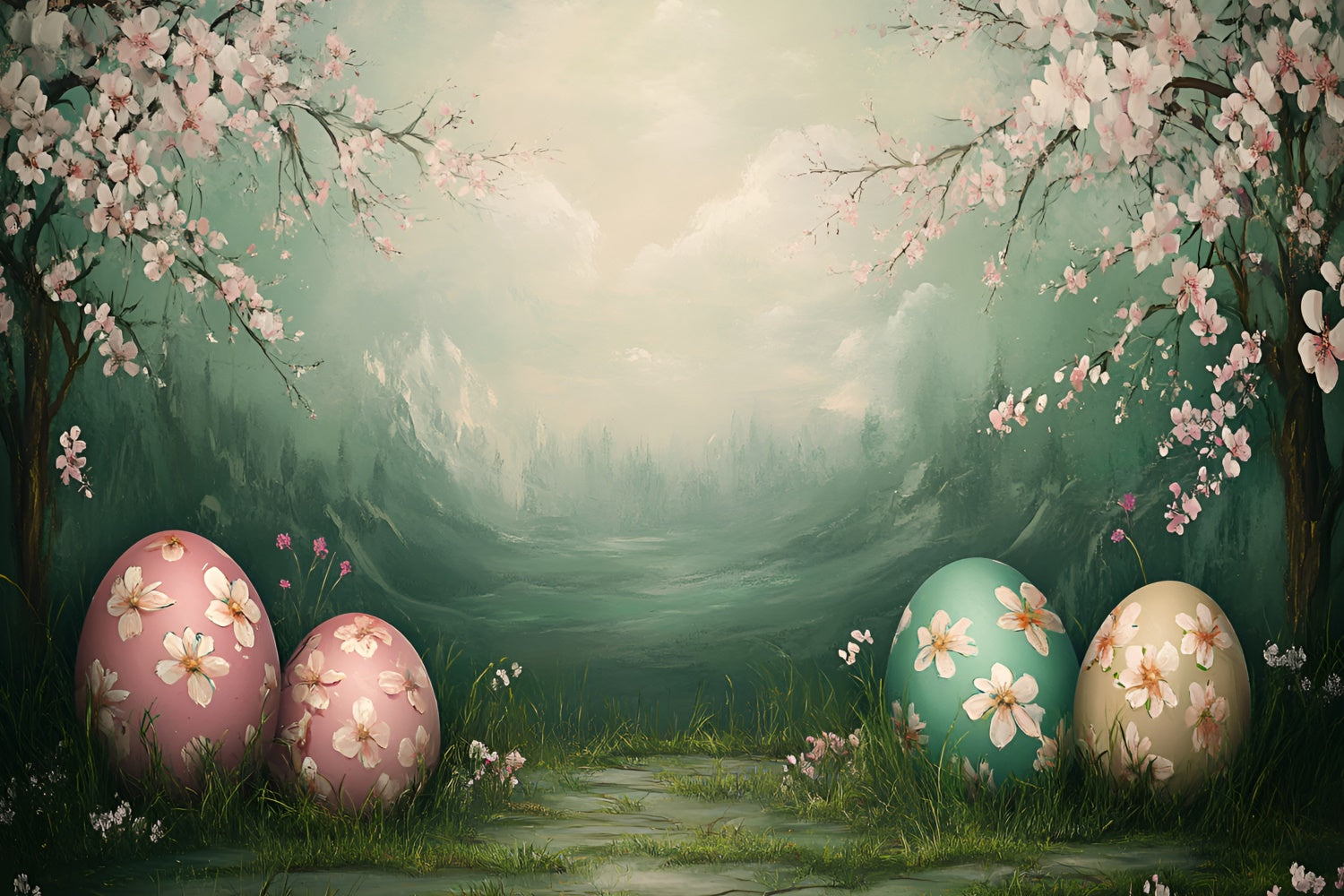 Backdrop For Easter Cherry Blossom Pastel Eggs Backdrop CSH2-9