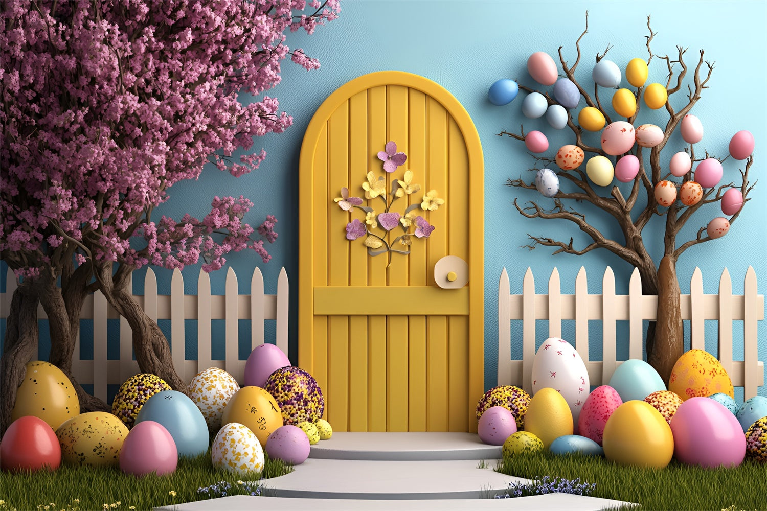 Easter Backdrops For Photography Yellow Door Egg Tree Backdrop CSH2-91