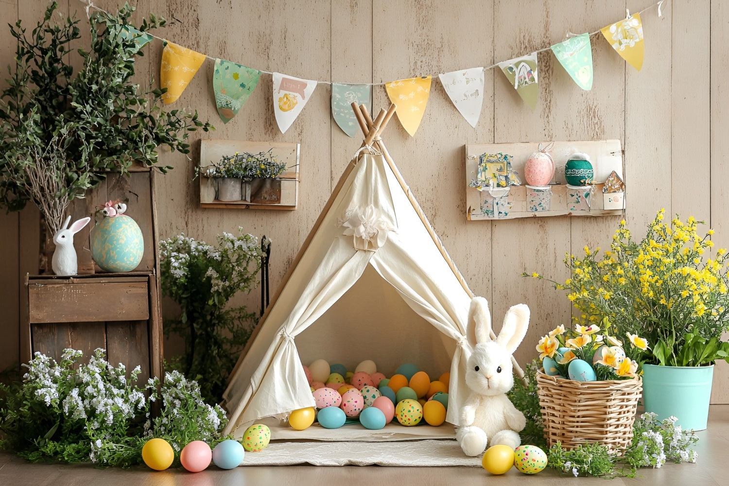 Photo Backdrops For Easter Vintage Bunny Teepee Egg Backdrop CSH2-92