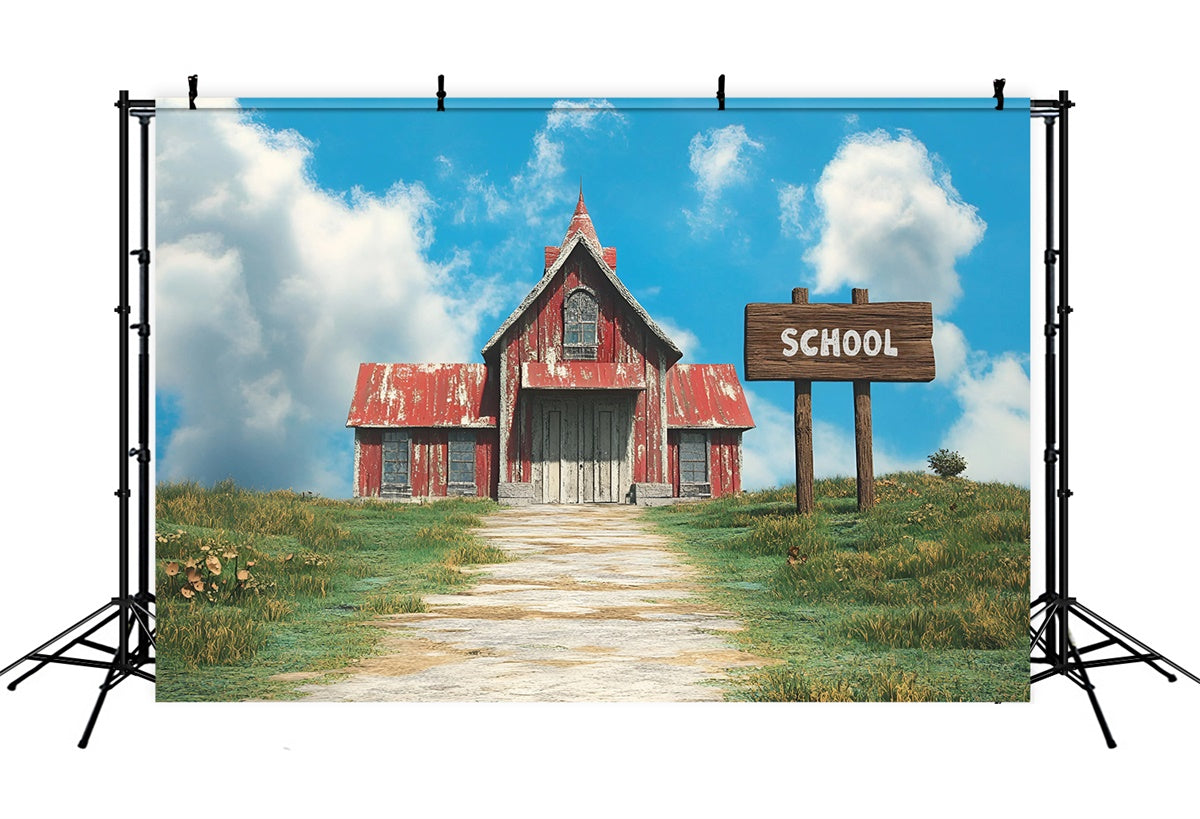 Back To School Photo Backdrop Rustic Red Roof School Backdrop CSH3-31